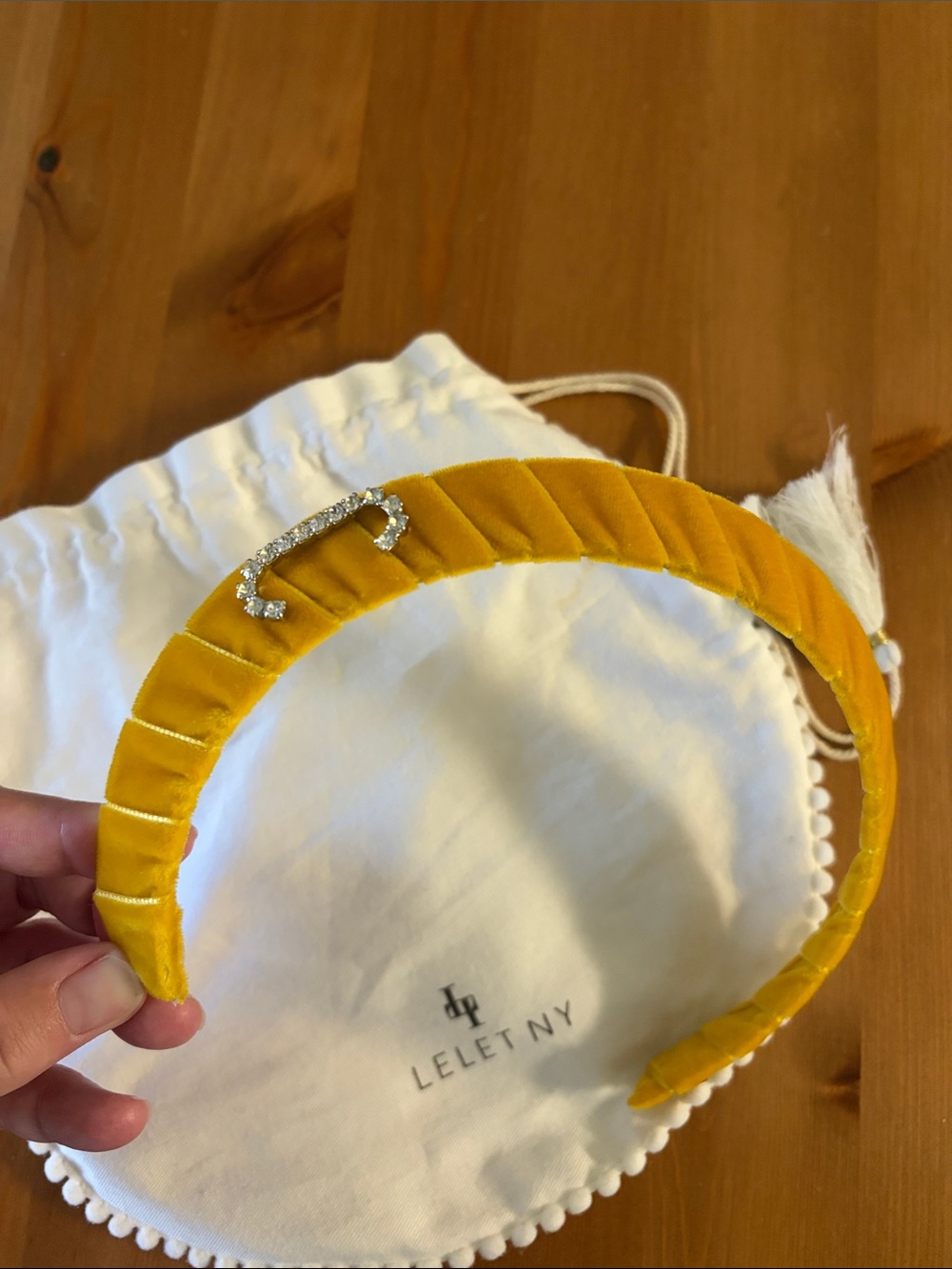 LELET NY Mustard Yellow Velvet Padded Headband with Crystal C